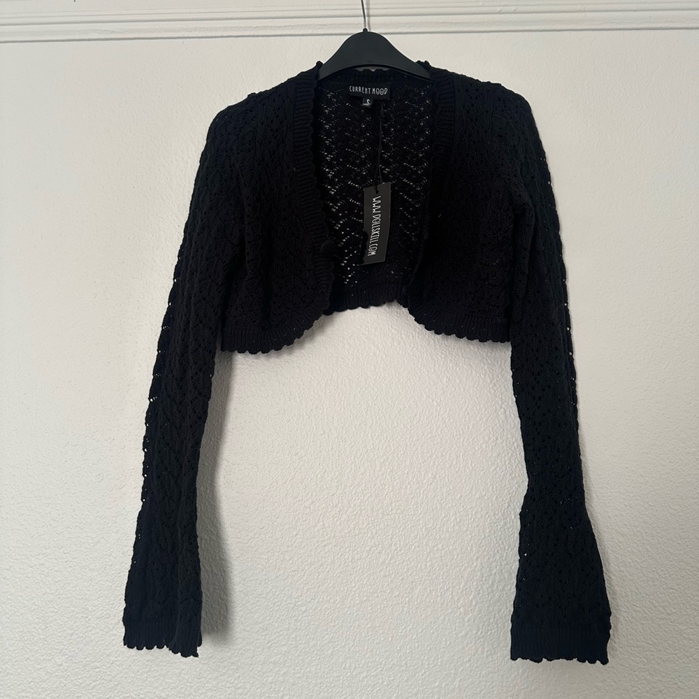 NWT Dolls Kill Current Mood Cropped Crochet Black Button Cardigan Size small